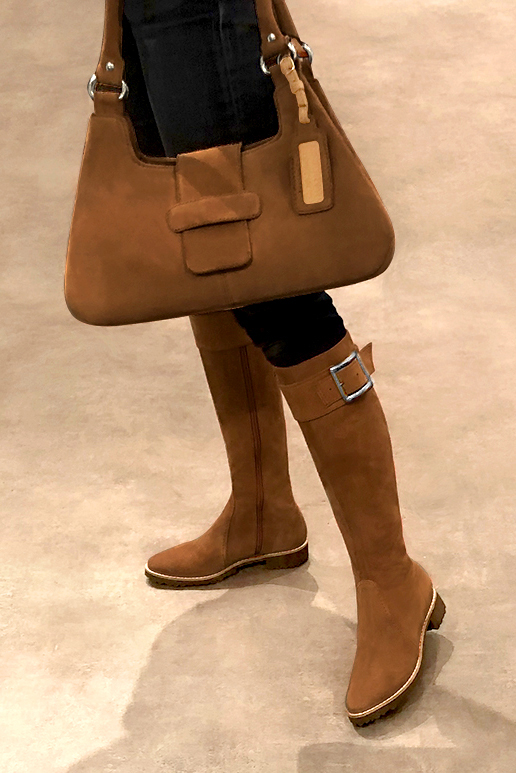 Caramel brown women's riding knee-high boots. Round toe. Flat rubber soles. Made to measure. Worn view - Florence KOOIJMAN